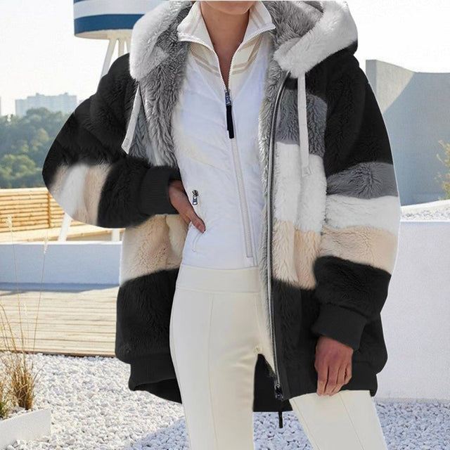 Stylish women's hooded plush jacket, ideal for winter warmth. Cozy outerwear for ladies, comfortable & fashionable.