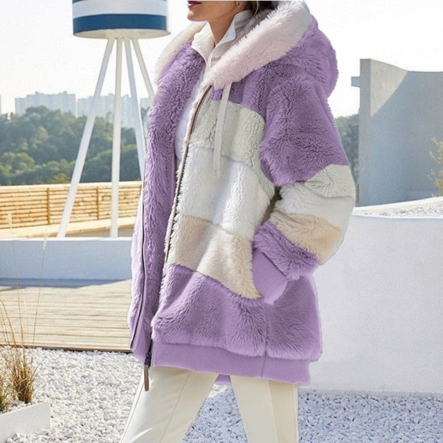 Women's casual hooded plush jacket, providing ultimate winter warmth. Soft and stylish ladies' cozy winter coat.
