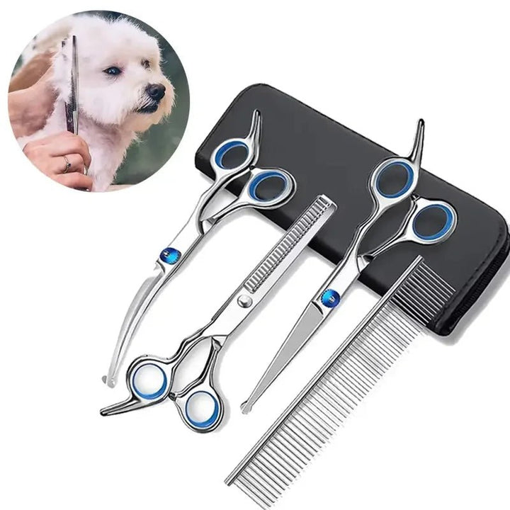 Professional pet grooming straight shears with rounded tips, ideal for safe dog hair trimming