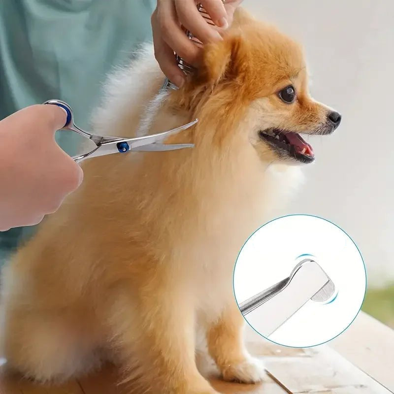 Detailed view of the rounded tip on pet grooming shears, emphasizing safety for animal use