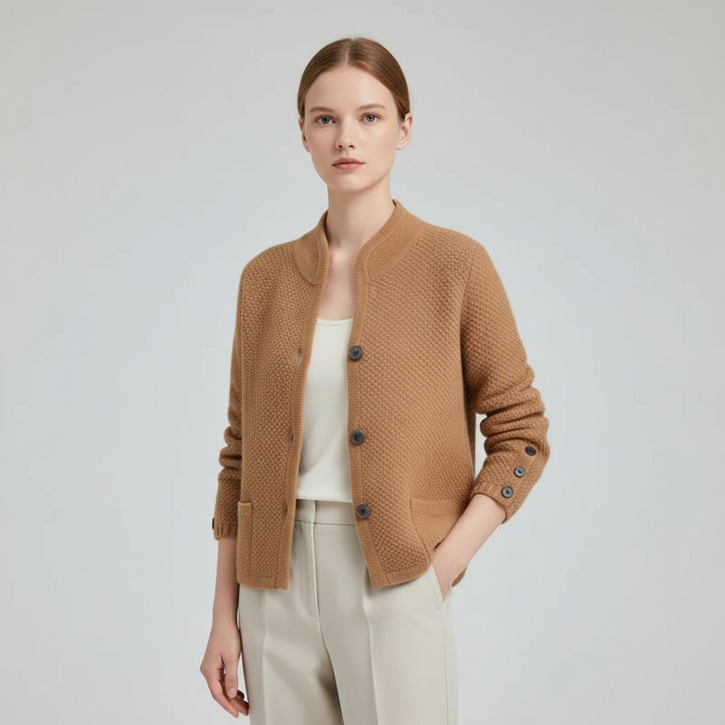 Cozy women's knit jacket with button front, perfect for versatile everyday wear or casual fall/spring outerwear.