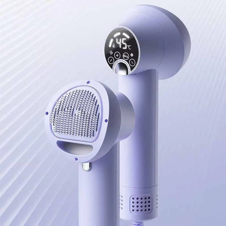 Woman using a quiet pet hair dryer with a massage comb to dry her dog after a bath.