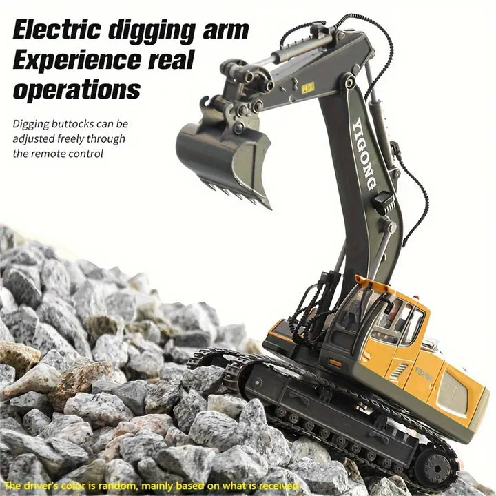 "RC Bagger, ferngesteuertes Metallfahrzeug mit 11 Funktionen, realistisches Design, ideal für Technikbegeisterte."