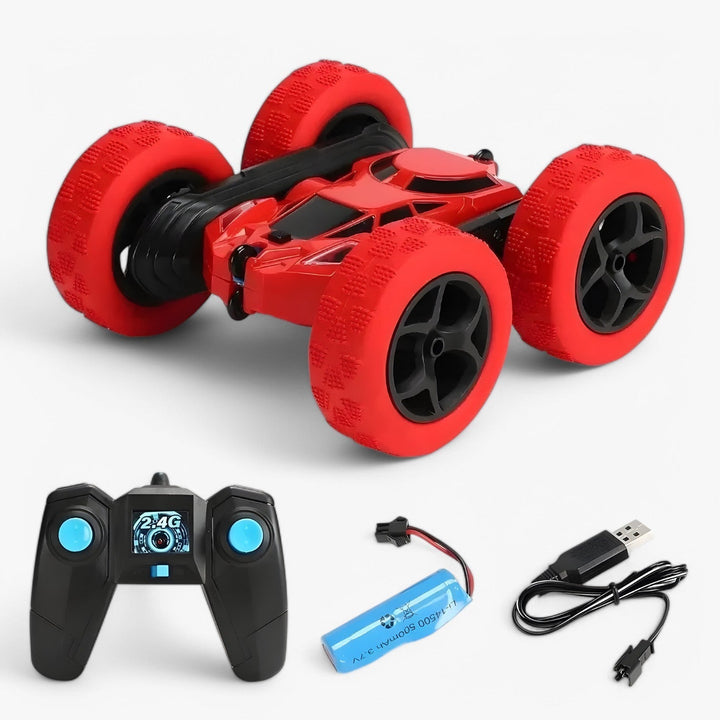 "RC-Stuntfahrzeug mit 360° Drehung und Flip-Funktion, geländetauglich, ideal für Kinder, in Blau mit robusten Gummireifen"