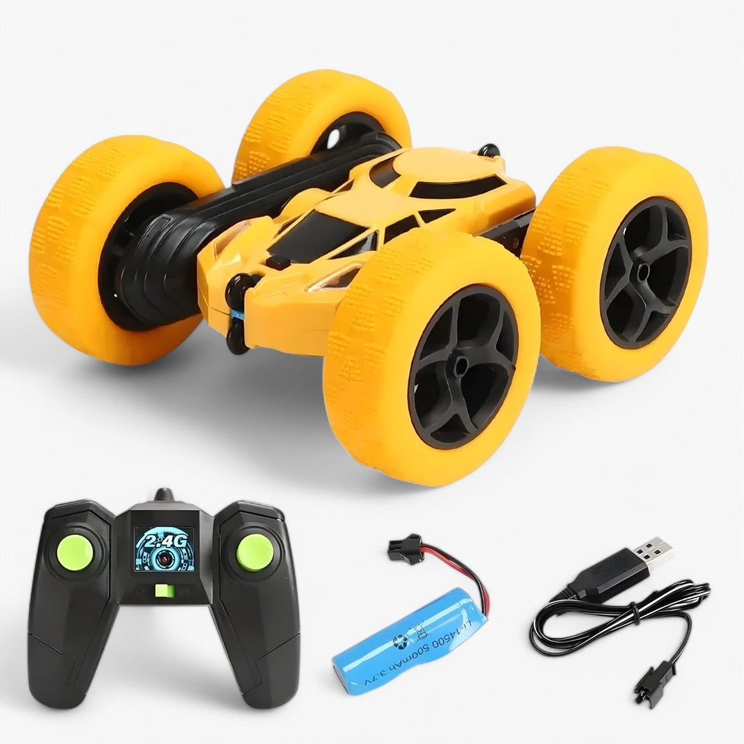 "RC-Stuntfahrzeug mit 360° Drehung und Flip-Funktion, geländetauglich, ideal für Kinder, in Blau mit robusten Gummireifen"