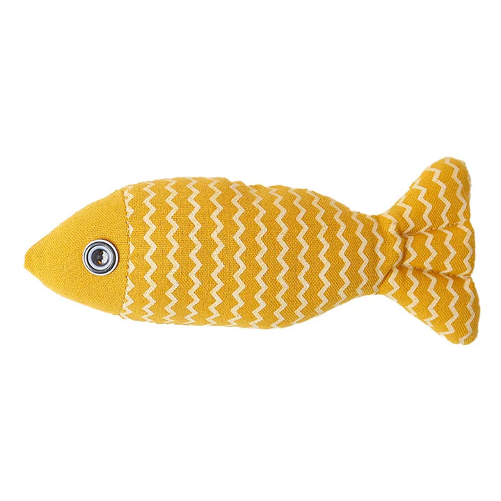 Durable fish-shaped cat toy with catnip, ideal for interactive play and animal enrichment.