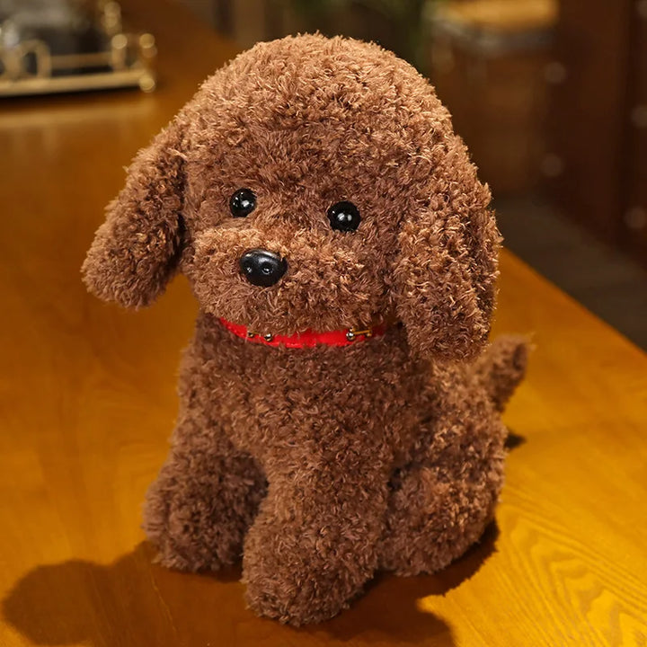 Child hugging a realistic plush dog toy, a soft cuddly stuffed animal, ideal for imaginative playtime