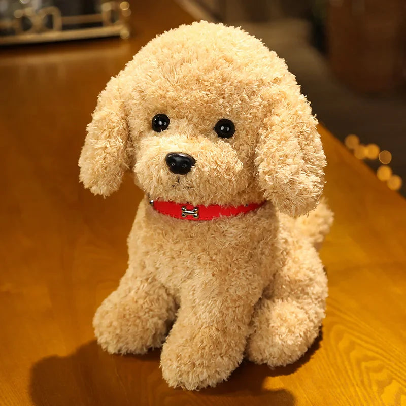 Realistic brown and white plush dog toy, soft cuddly stuffed animal, perfect puppy playmate for children