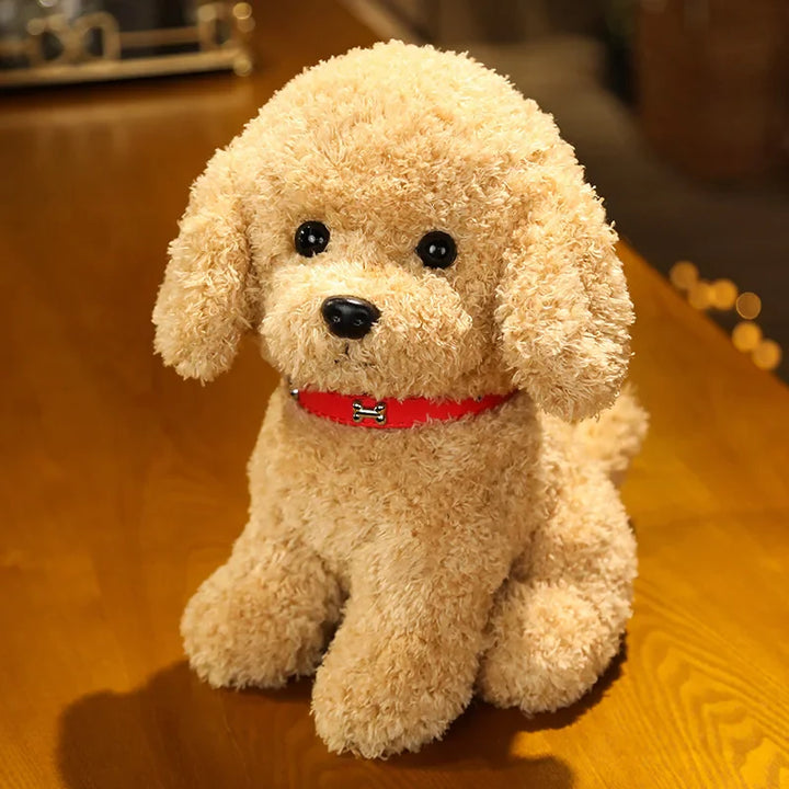 Realistic brown and white plush dog toy, soft cuddly stuffed animal, perfect puppy playmate for children