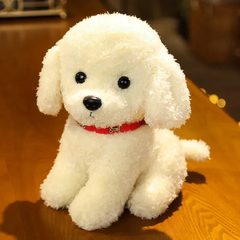 Front view of a realistic black plush dog toy, soft and cuddly stuffed animal, engaging kids' toy