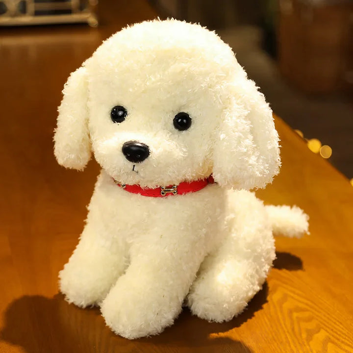 Front view of a realistic black plush dog toy, soft and cuddly stuffed animal, engaging kids' toy