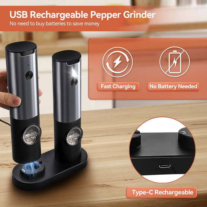 Stainless steel electric salt & pepper grinder set, automatic, with bright LED for easy spice milling.