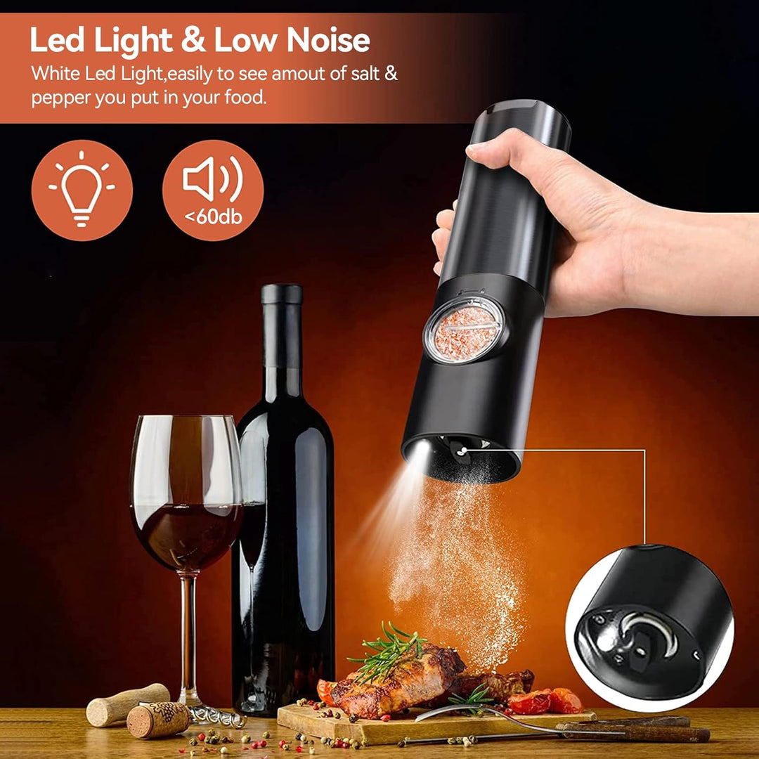 Modern electric salt grinder and pepper mill set, automatic with LED light, essential kitchen tools.
