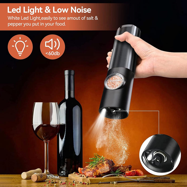 Modern electric salt grinder and pepper mill set, automatic with LED light, essential kitchen tools.