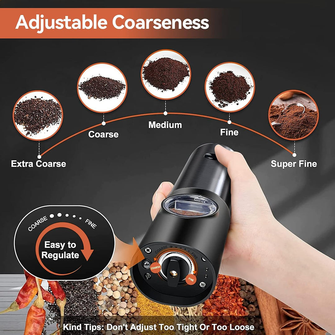 Easy-to-use automatic electric spice mill set with LED light, perfect for fresh salt & pepper grinding.