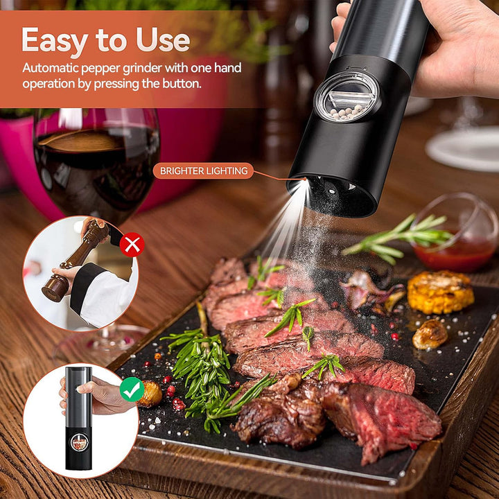 Tavvitaimp18 electric salt & pepper grinder set, stainless steel with LED light for precise spice milling.