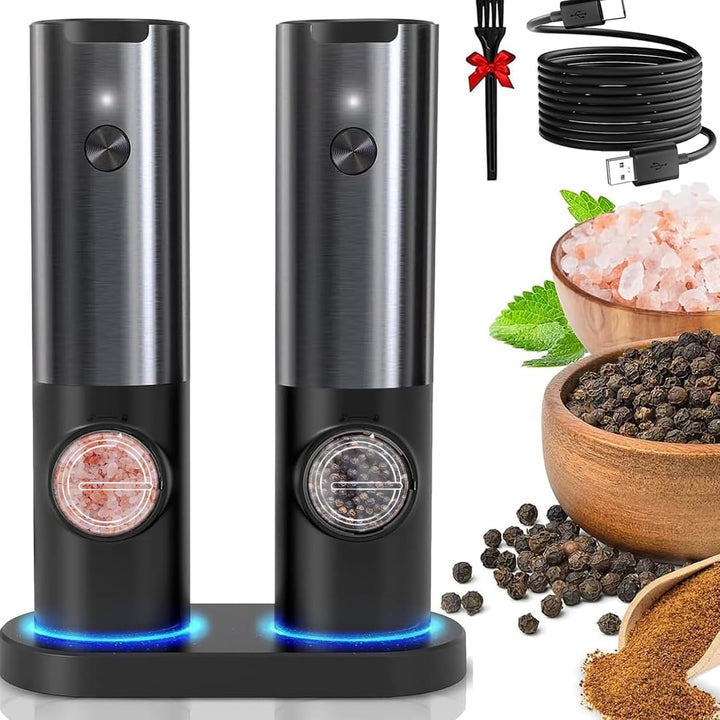 Electric salt & pepper grinder set, stainless steel, adjustable grind, LED light for easy seasoning.