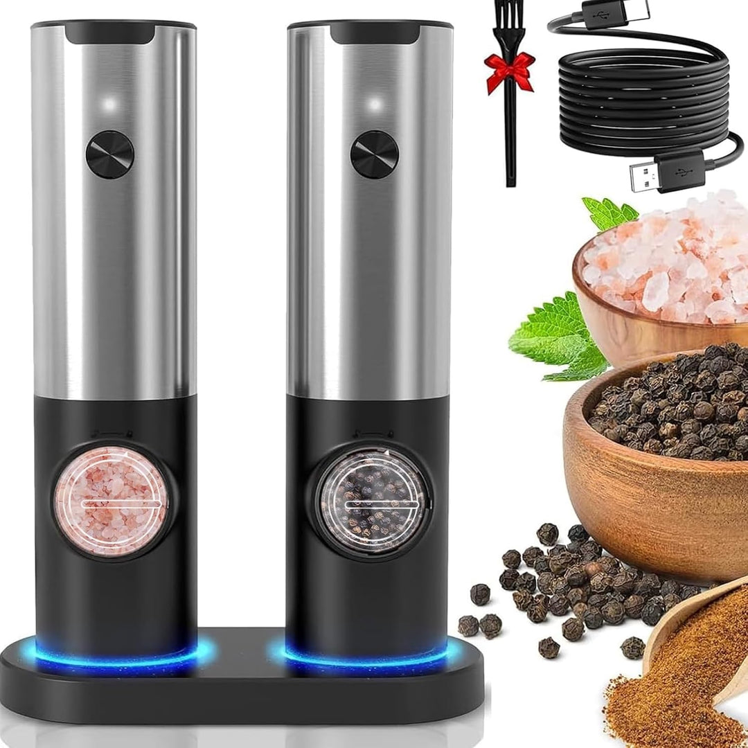 Sleek electric salt & pepper grinder set, rechargeable, automatic, with LED light for any home kitchen.