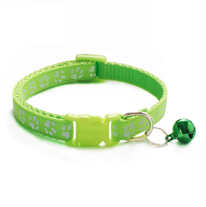Purple cat collar detail showing bell attachment and adjustable quick release buckle