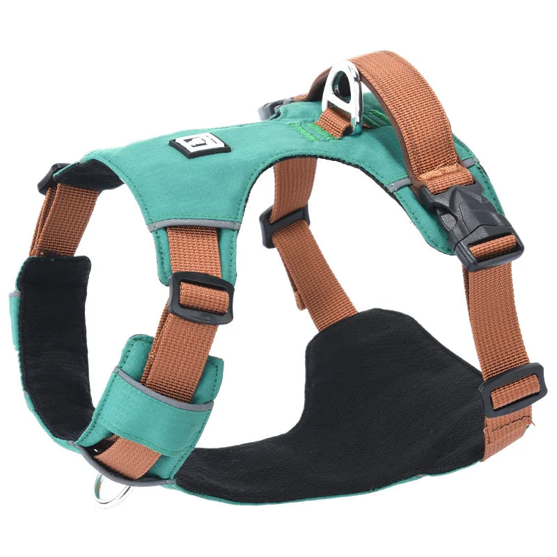 Red adjustable dog harness with reflective trim on a black background, suitable for all breeds, ensuring pet safety.