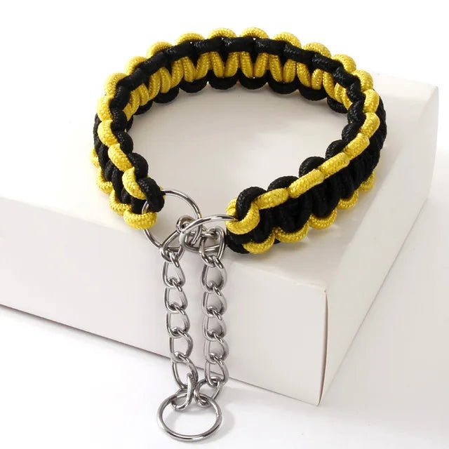 Adjustable nylon pet collar on a white background, highlighting its durability for dog training.