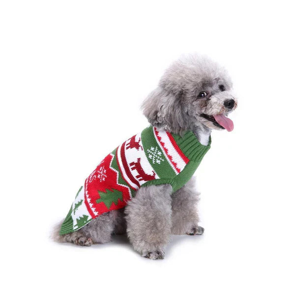 Red dog jumper with white snowflakes, cozy Christmas pet apparel for winter