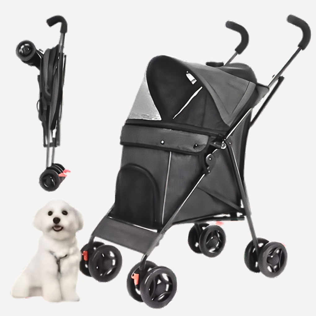 Red foldable pet stroller for dogs & cats, dog buggy with mesh windows & storage, pet travel gear.