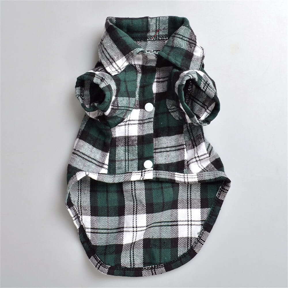 Dog wearing a yellow plaid button-up shirt, perfect casual pet wear for any occasion
