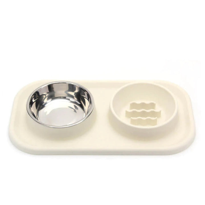Pet slow feeder dual bowl in blue, designed for dogs and cats with two separate compartments