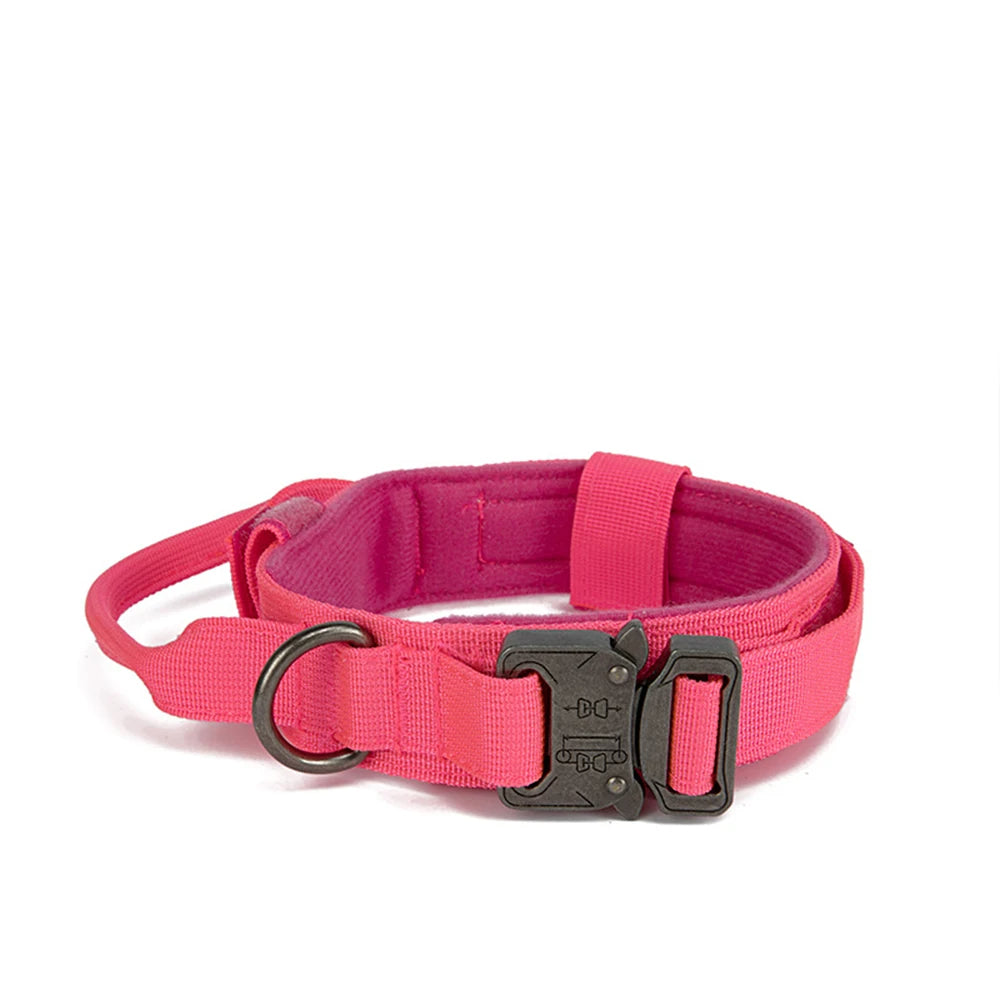 Black heavy-duty tactical dog collar with reflective stitching, ideal for large dog training