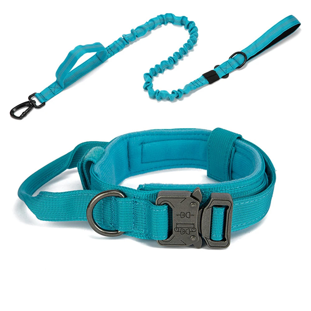 Heavy-duty tactical dog collar in black, reflective for safety, for large breed outdoor training