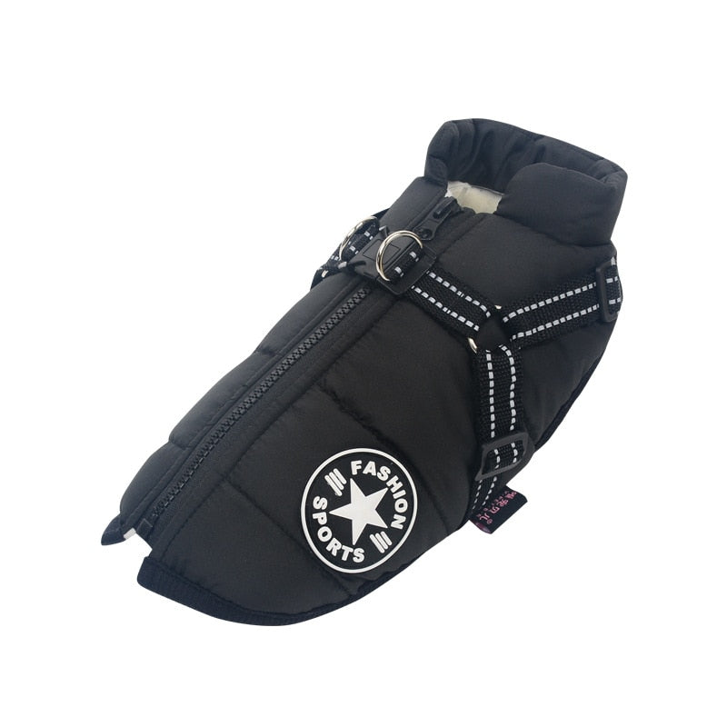 Waterproof dog winter coat with adjustable straps, providing a snug fit for various dog breeds.