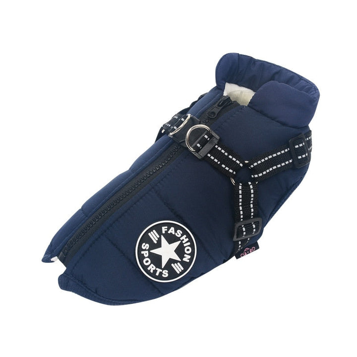 Cozy waterproof dog winter coat with a warm fleece lining, ideal for cold weather protection.