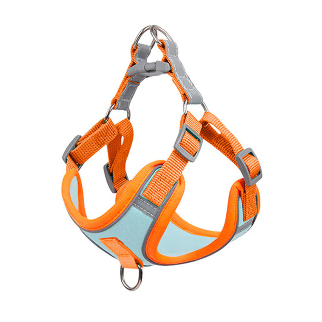 Packaging of reflective comfort dog harness for puppies, emphasizing safety features