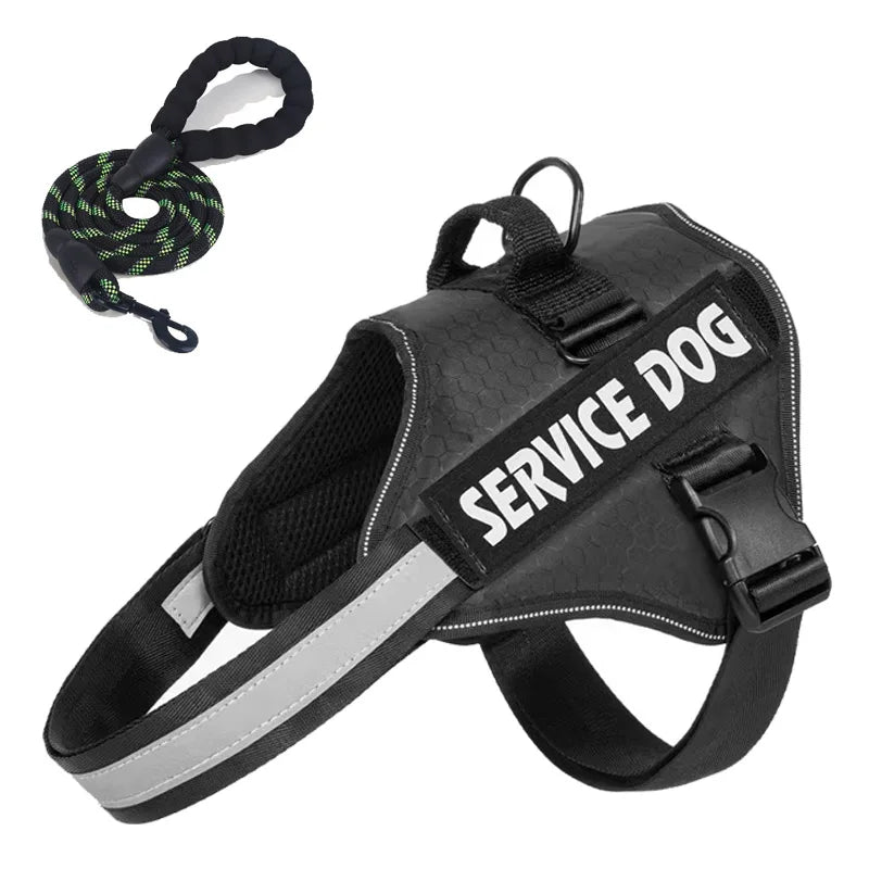 Reflective dog harness with "SERVICE DOG" vest and leash for pet walking safety