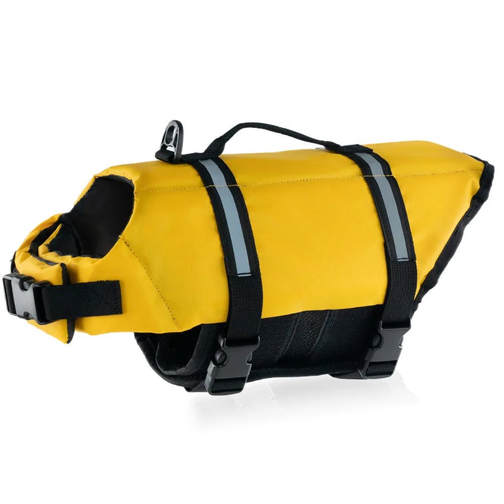 Reflective dog life vest with rescue handle on back, practical pet safety for emergencies.