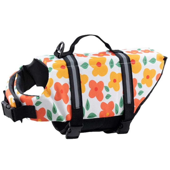Dog in water, safely supported by a reflective swim vest with an accessible handle