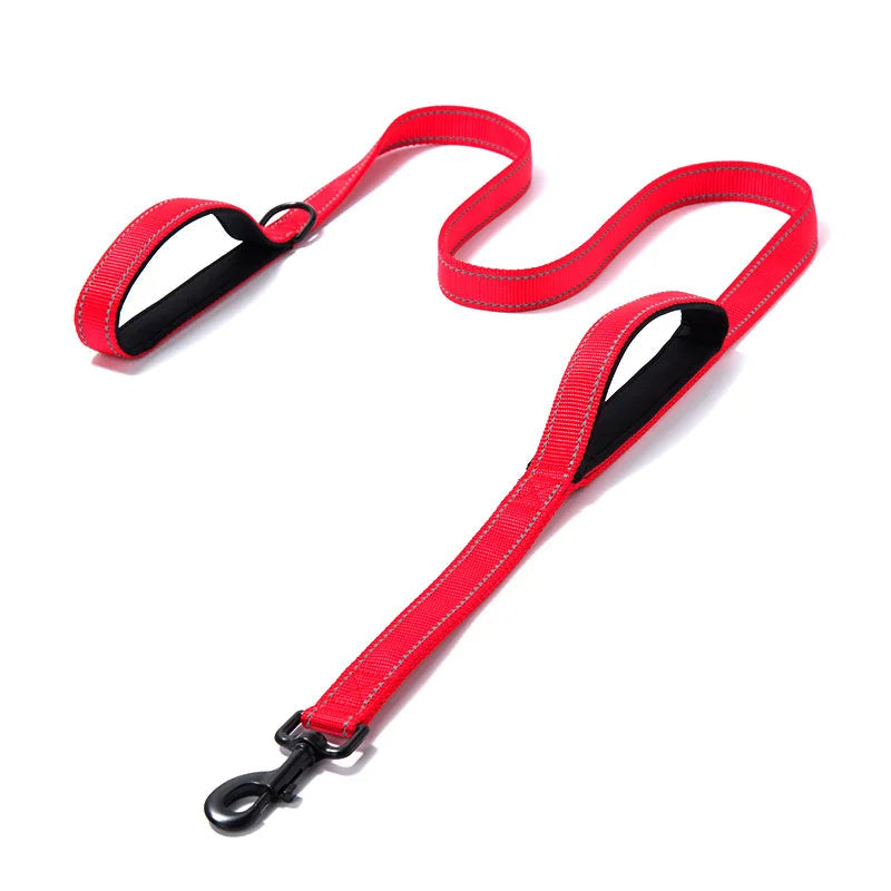 Black reflective dog leash with two padded handles for secure control of large dogs, ideal for night walks.