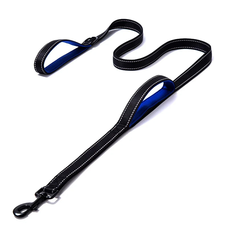 High-visibility reflective dog leash with double handles, ensuring pet safety and control for everyday use.