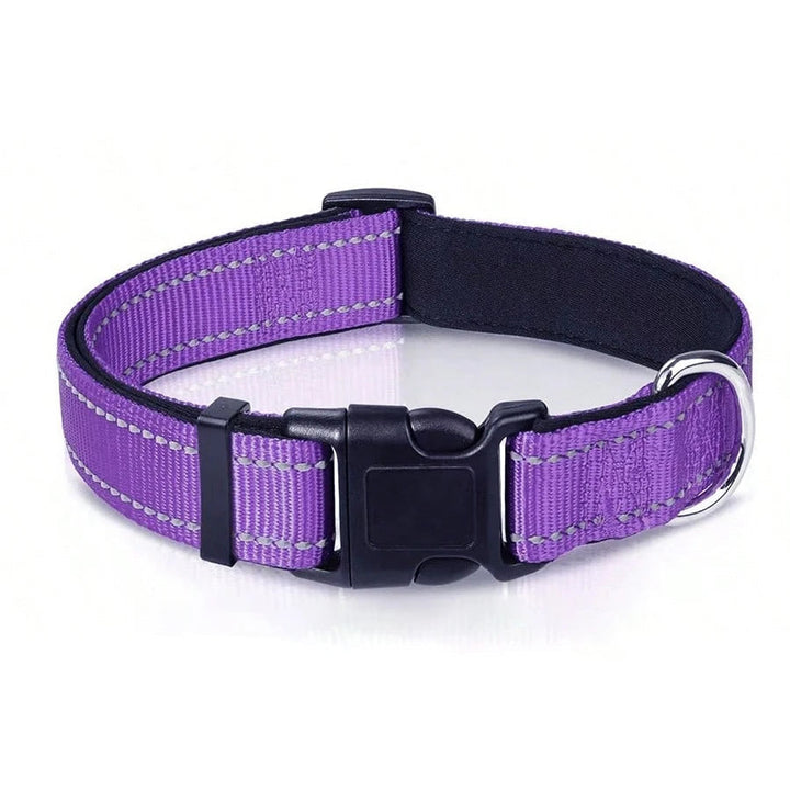 Side view of a reflective dog collar, designed with extra padding for ultimate pet comfort and outdoor safety.