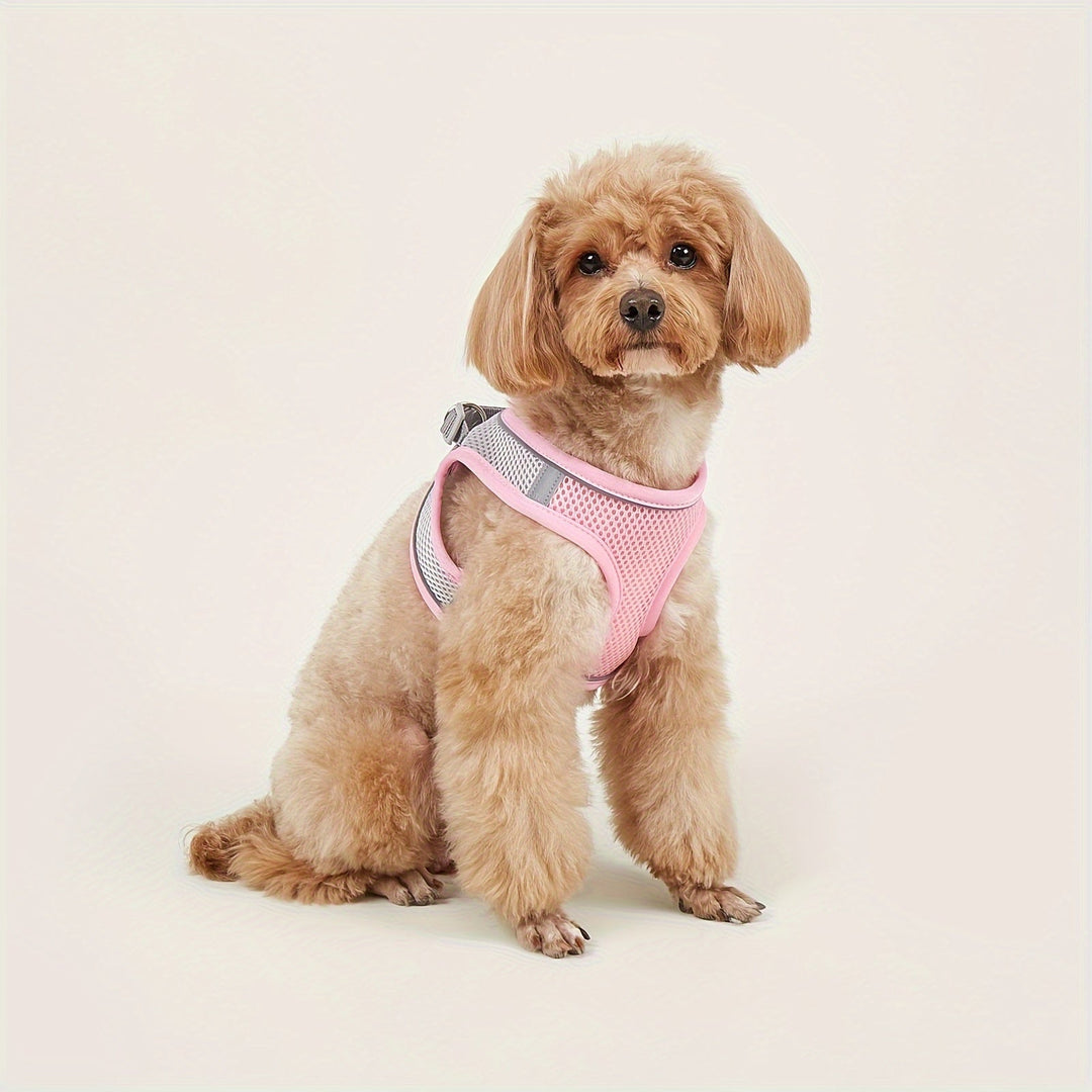 Reflective pink soft mesh pet harness for small dogs & cats, comfortable & breathable design.