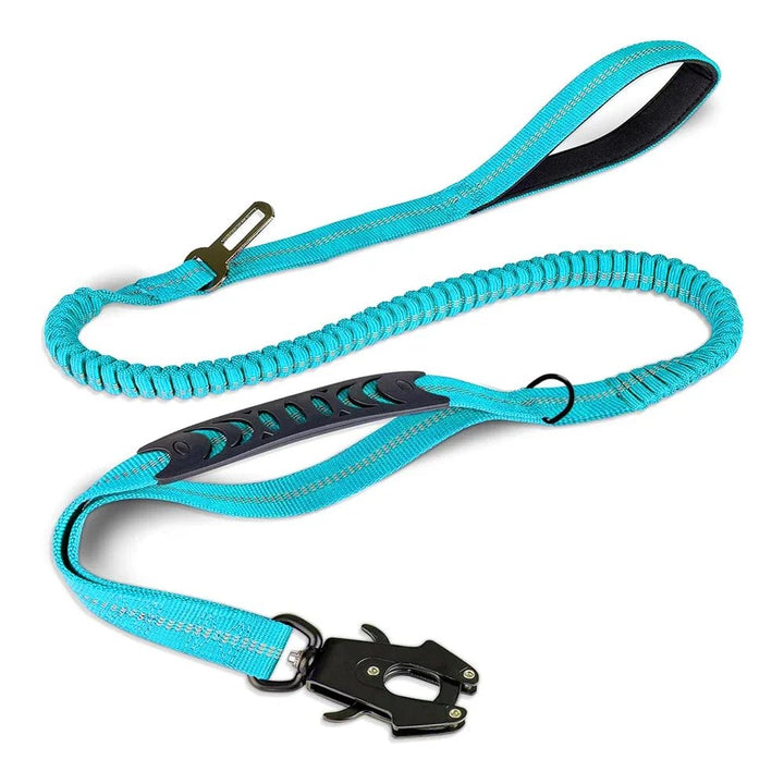 Robust tactical bungee dog leash that absorbs shock, includes a car seat belt mechanism