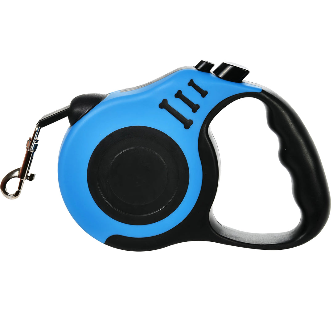 Black retractable dog leash with red quick-lock button, essential dog accessories