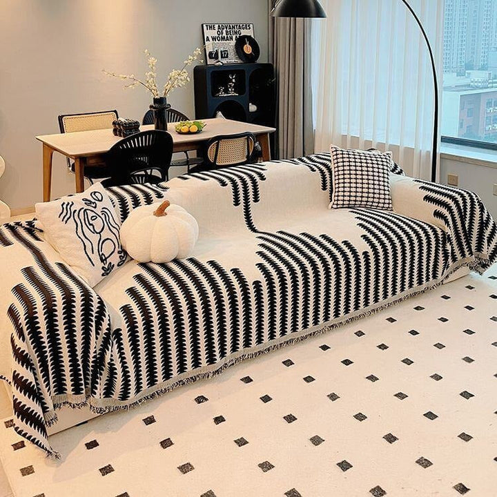 Reversible chenille sofa cover, double-sided anti-scratch furniture protector in a neutral tone, pet-friendly home decor.