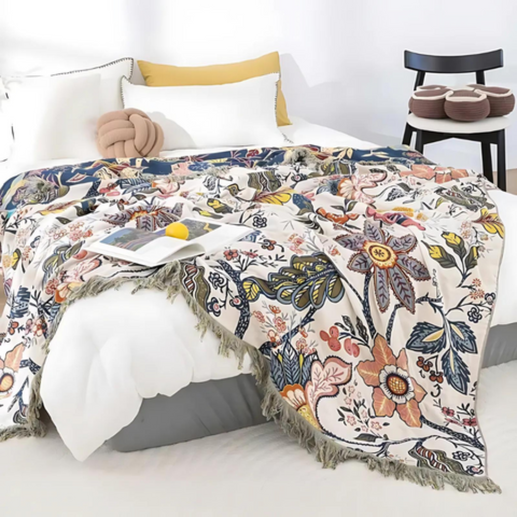 Unisex floral pattern throw blanket with tassels, soft cotton blend for living room bedding decor
