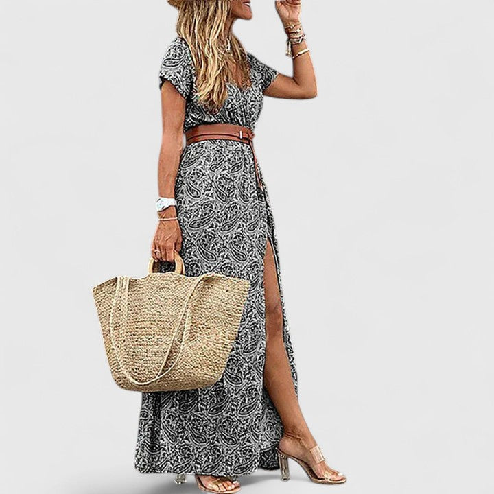 Versatile women's patterned maxi dress with a chic boho print and gathered waist, perfect for fall style.