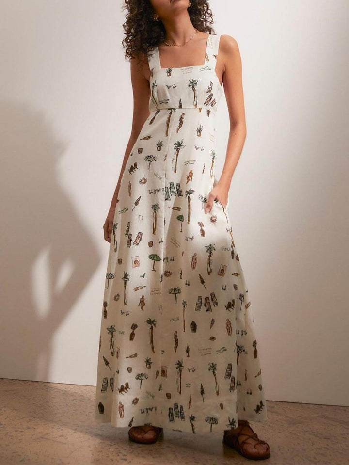 Flowy white maxi dress for women with an elegant square neck, ideal for summer, beach or boho style.