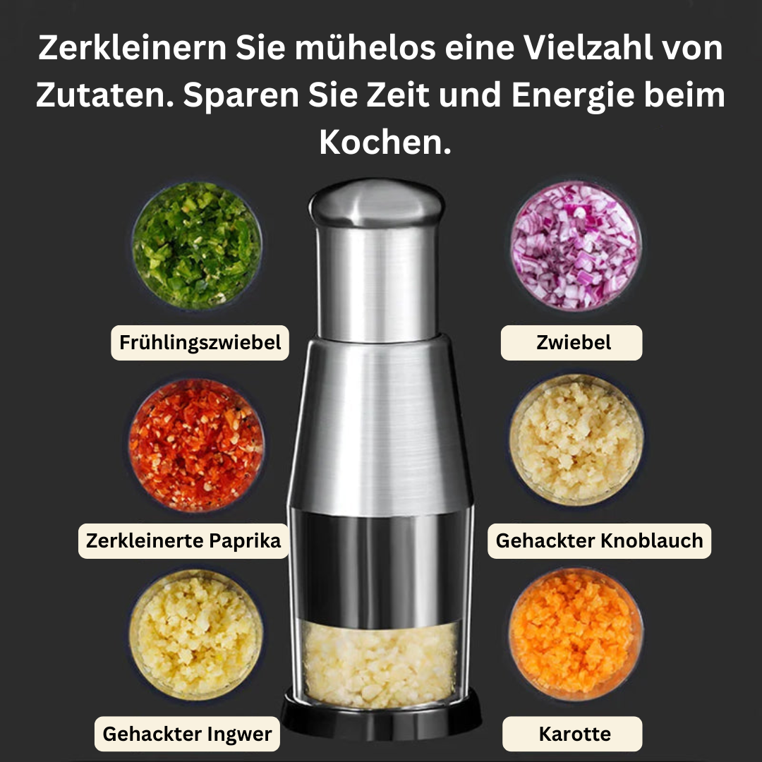 "Robuste Edelstahl-Knoblauchpresse mit ergonomischem Griff, ideal für müheloses und effizientes Zerkleinern in der Küche."