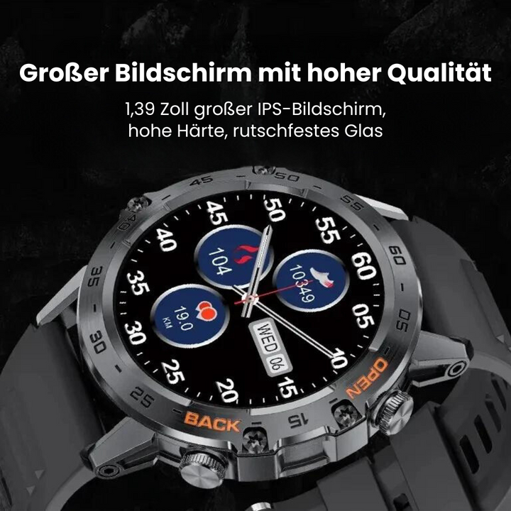 Robuste Militär-Gesundheitsuhr mit unkaputtbarem Display und Metallgehäuse, ideal für extreme Bedingungen und Sport.
