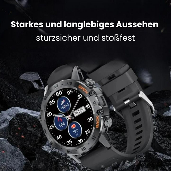 Robuste Militär-Gesundheitsuhr mit unkaputtbarem Display und Metallgehäuse, ideal für extreme Bedingungen und Sport.